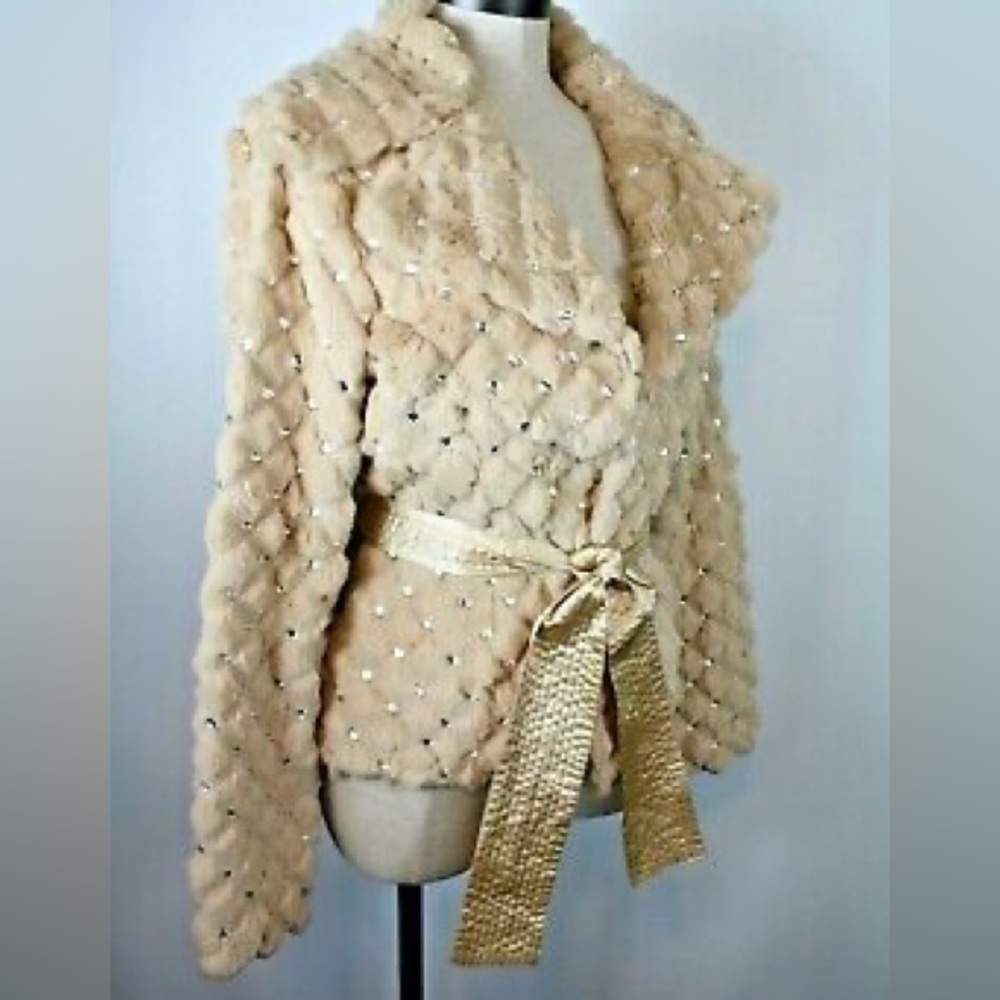 Vintage rabbit fur rhinestone crystal embellished Cachè jacket 100% silk belt.
